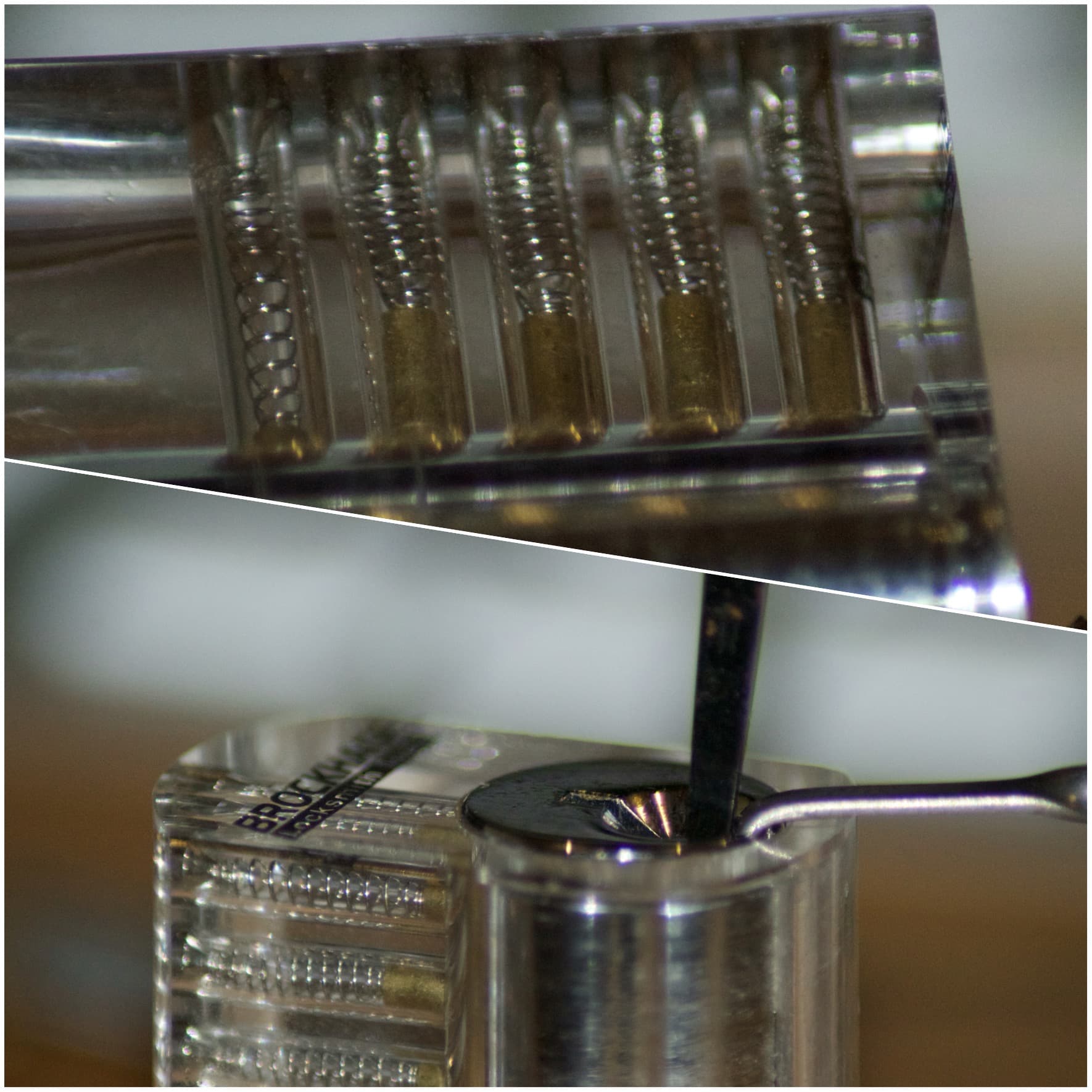 Transparant hangslot geopend met pickgereedschap — niet-destructieve techniek zichtbaar op de pinnen.